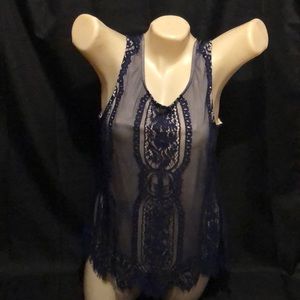 Cute navy blue and cream sheer tank top blouse